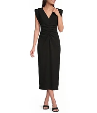 Gibson & Latimer V-Neck Sleeveless Ruched Knit Midi Dress
