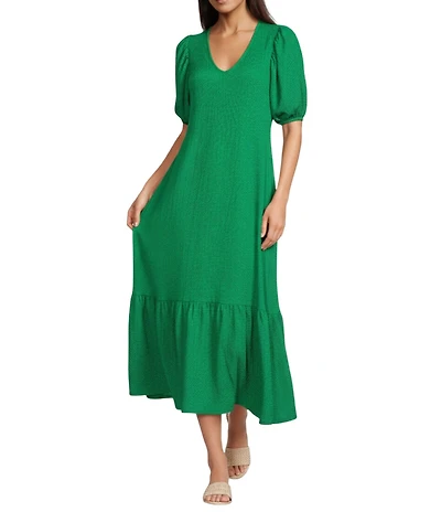 Gibson & Latimer Crepe Waffle Knit V-Neck Tie Back Detail Puffed Short Sleeve Tiered A-Line Flounce Midi Dres