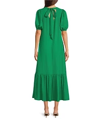 Gibson & Latimer Crepe Waffle Knit V-Neck Tie Back Detail Puffed Short Sleeve Tiered A-Line Flounce Midi Dres