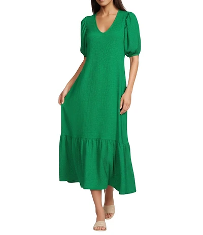 Gibson & Latimer Crepe Waffle Knit V-Neck Tie Back Detail Puffed Short Sleeve Tiered A-Line Flounce Midi Dres