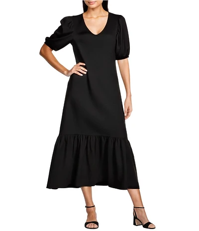 Gibson & Latimer Crepe Waffle Knit V-Neck Tie Back Detail Puffed Short Sleeve Tiered A-Line Flounce Midi Dres
