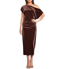 Gibson & Latimer Velvet Asymmetric Neck One Shoulder Off-The-Shoulder Short Sleeve Ruched Sheath Midi Dress