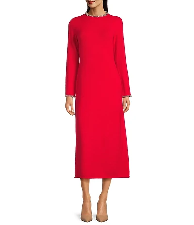 Gibson & Latimer Wool Blend Knit Beaded Round Neck Long Sleeve Shift Midi Dress
