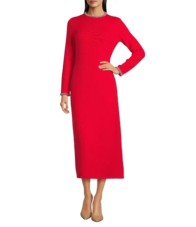 Gibson & Latimer Wool Blend Knit Beaded Round Neck Long Sleeve Shift Midi Dress