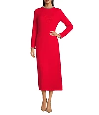 Gibson & Latimer Wool Blend Knit Beaded Round Neck Long Sleeve Shift Midi Dress