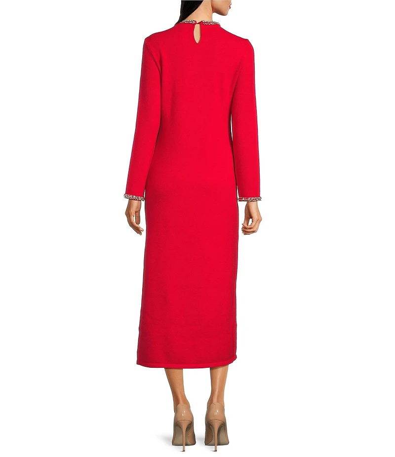 Gibson & Latimer Wool Blend Knit Beaded Round Neck Long Sleeve Shift Midi Dress