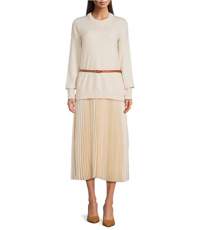 Gibson & Latimer Wool Blend Knit Crew Neck Dropped Long Sleeve Sweater Top Pleated Shift Midi Twofer Dress