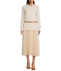 Gibson & Latimer Wool Blend Knit Crew Neck Dropped Long Sleeve Sweater Top Pleated Shift Midi Twofer Dress