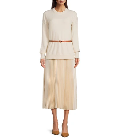 Gibson & Latimer Wool Blend Knit Crew Neck Dropped Long Sleeve Sweater Top Pleated Shift Midi Twofer Dress