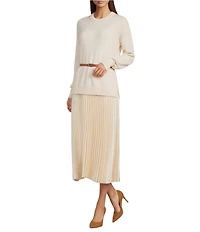 Gibson & Latimer Wool Blend Knit Crew Neck Dropped Long Sleeve Sweater Top Pleated Shift Midi Twofer Dress