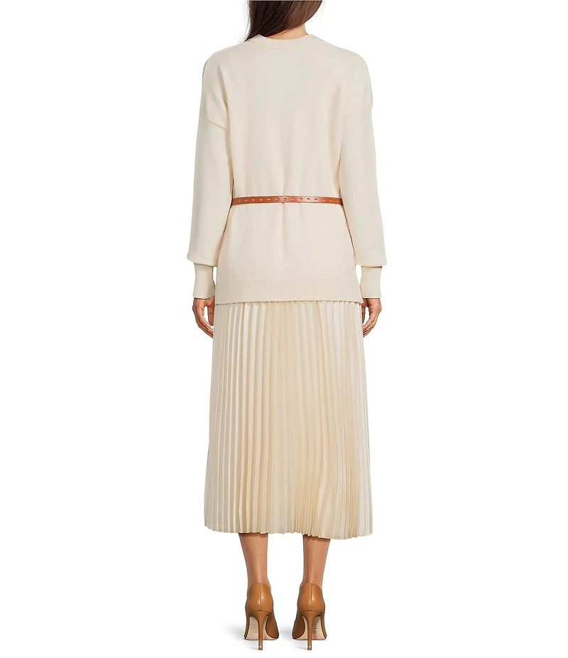 Gibson & Latimer Wool Blend Knit Crew Neck Dropped Long Sleeve Sweater Top Pleated Shift Midi Twofer Dress