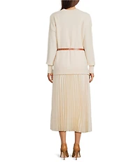 Gibson & Latimer Wool Blend Knit Crew Neck Dropped Long Sleeve Sweater Top Pleated Shift Midi Twofer Dress
