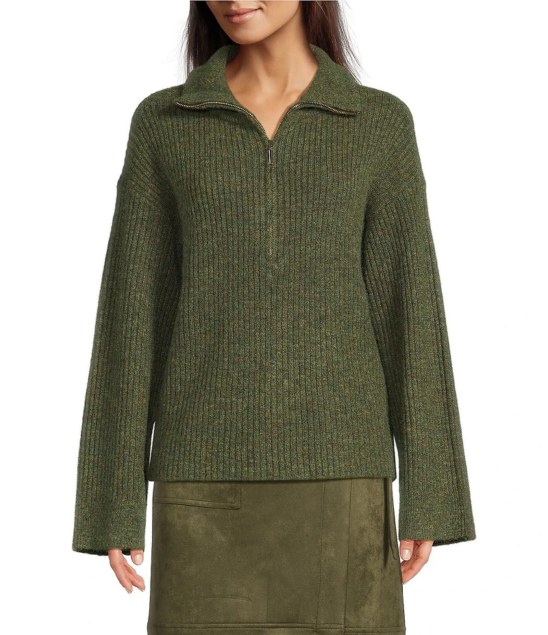 Gibson & Latimer Wool Blend Knit Mock Quarter Zip Dropped Long Wide Sleeve Pullover Sweater