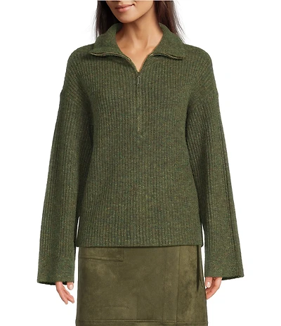 Gibson & Latimer Wool Blend Knit Mock Quarter Zip Dropped Long Wide Sleeve Pullover Sweater