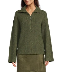 Gibson & Latimer Wool Blend Knit Mock Quarter Zip Dropped Long Wide Sleeve Pullover Sweater