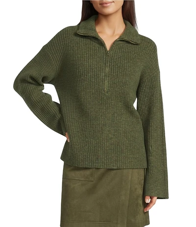 Gibson & Latimer Wool Blend Knit Mock Quarter Zip Dropped Long Wide Sleeve Pullover Sweater