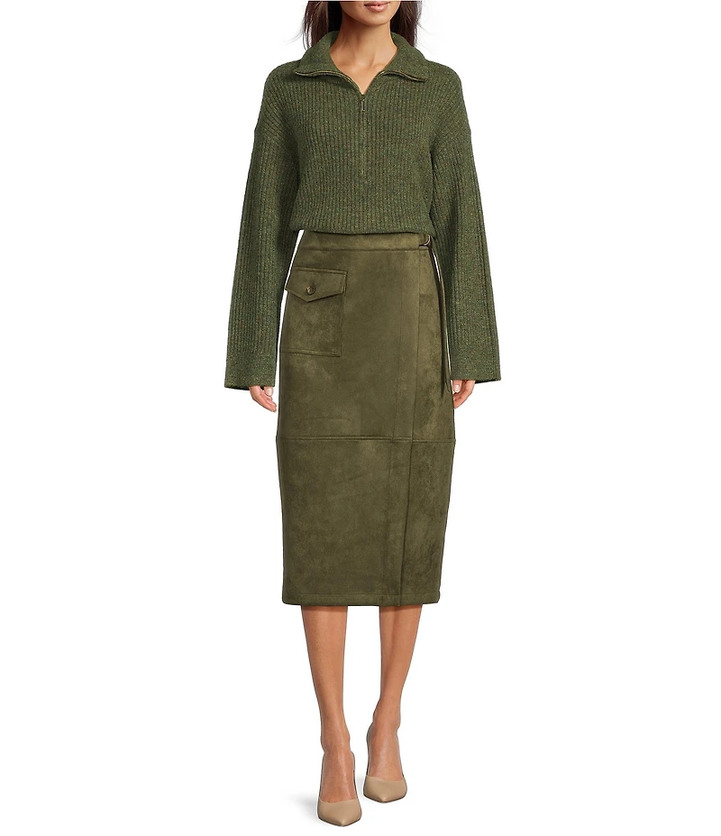 Gibson & Latimer Wool Blend Knit Mock Quarter Zip Dropped Long Wide Sleeve Pullover Sweater