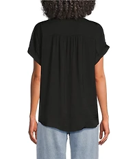 Gibson & Latimer Woven Collared V-Neck Cap Sleeve Hi-Low Top