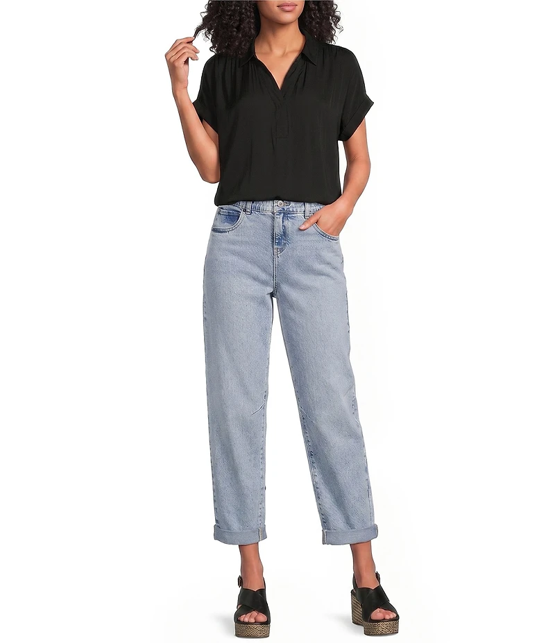 Gibson & Latimer Woven Collared V-Neck Cap Sleeve Hi-Low Top