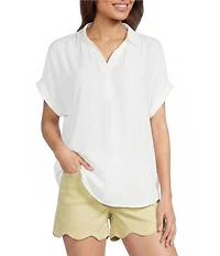 Gibson & Latimer Woven Collared V-Neck Cap Sleeve Hi-Low Top