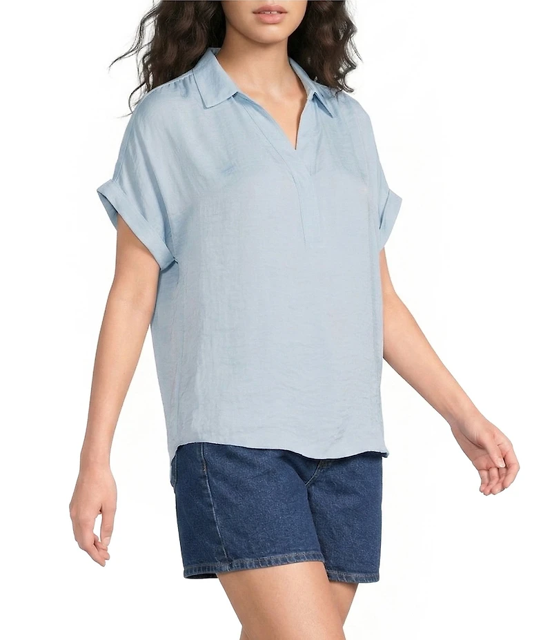 Gibson & Latimer Woven Collared V-Neck Cap Sleeve Hi-Low Top