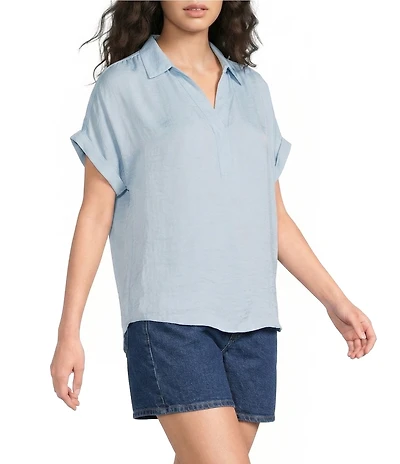 Gibson & Latimer Woven Collared V-Neck Cap Sleeve Hi-Low Top