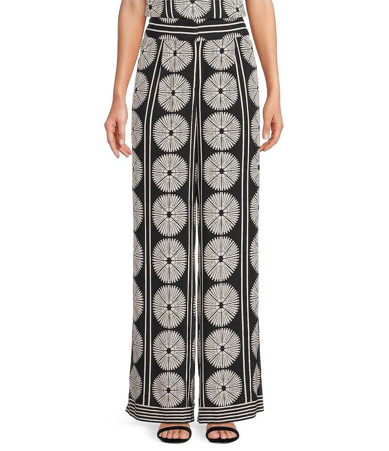 Gibson & Latimer Woven Fan Print High Rise Wide Leg Full Length Coordinating Pants