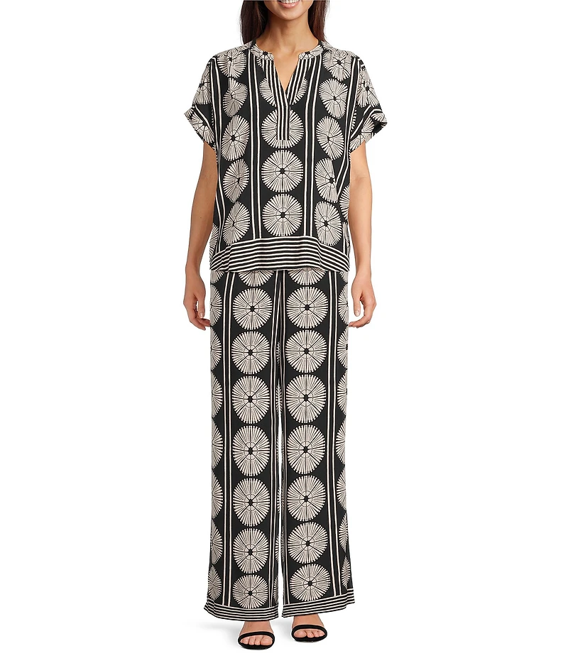 Gibson & Latimer Woven Fan Print High Rise Wide Leg Full Length Coordinating Pants