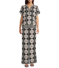 Gibson & Latimer Woven Fan Print High Rise Wide Leg Full Length Coordinating Pants