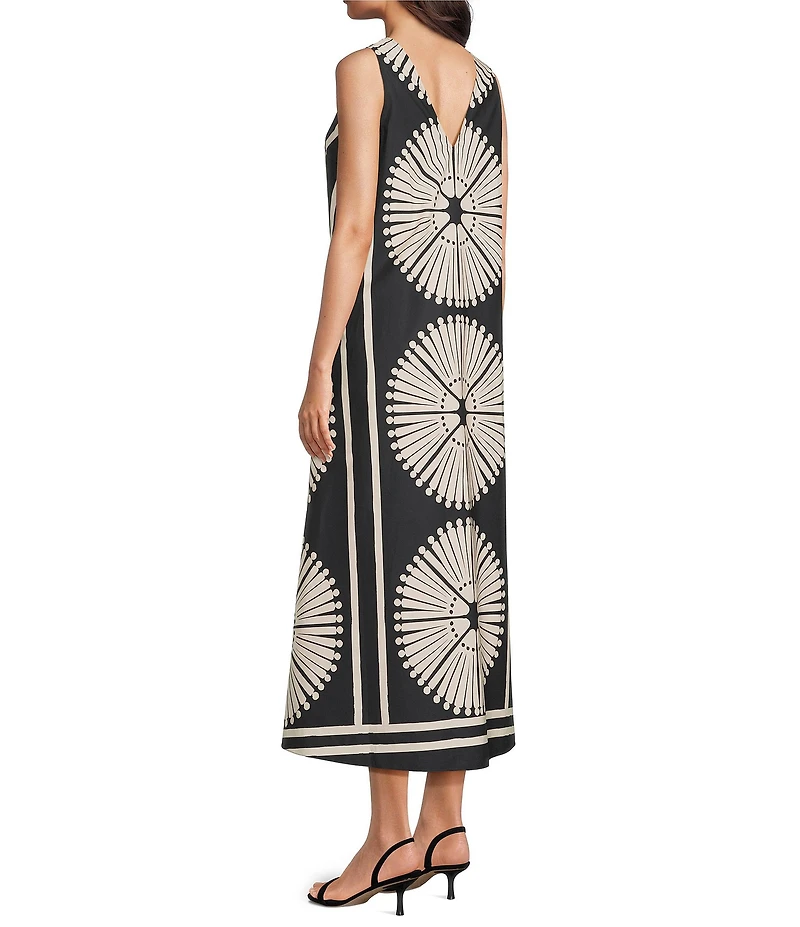 Gibson & Latimer Woven Fan Print V-Neck Sleeveless A-Line Flounce Maxi Dress