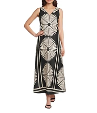 Gibson & Latimer Woven Fan Print V-Neck Sleeveless A-Line Flounce Maxi Dress