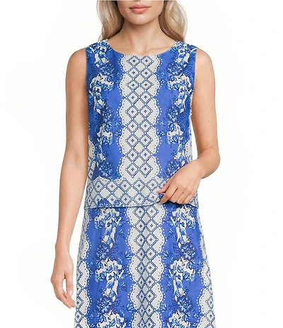 Gibson & Latimer Woven Floral Casablanca Print Cropped Crew Neck Sleeveless Coordinating Top