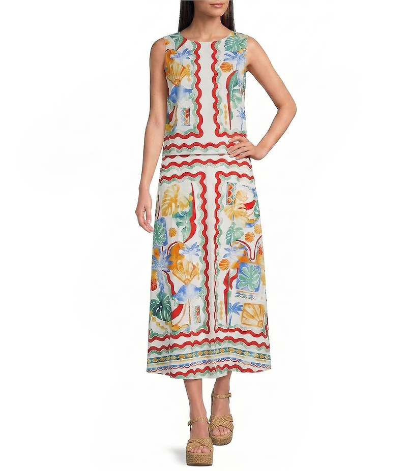 Gibson & Latimer Woven Capri Beach Print Mid Rise A-Line Flounce Midi Coordinating Skirt