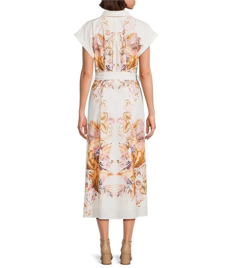 Gibson & Latimer Woven Floral Print Point Collar Cap Sleeve Button Front Tie Waist Shirt Maxi Dress