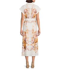 Gibson & Latimer Woven Floral Print Point Collar Cap Sleeve Button Front Tie Waist Shirt Maxi Dress