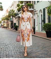 Gibson & Latimer Woven Floral Print Point Collar Cap Sleeve Button Front Tie Waist Shirt Maxi Dress