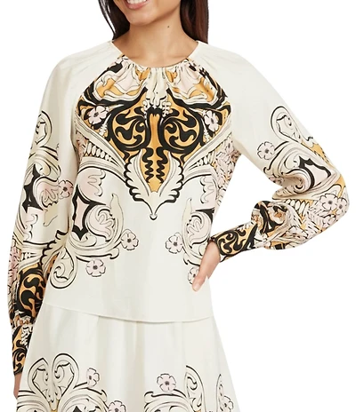 Gibson & Latimer Woven Floral Print Ruched Round Neck Long Balloon Sleeve Coordinating Blouse