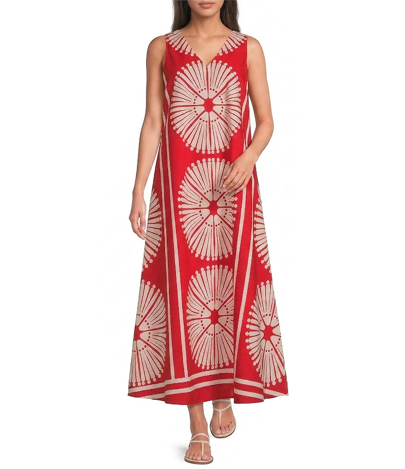 Gibson & Latimer Woven Floral Print V-Neck Sleeveless A-Line Flounce Maxi Dress