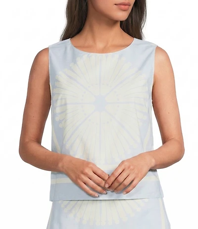 Gibson & Latimer Woven Geometric Fan Print Cropped Crew Neck Sleeveless Coordinating Top