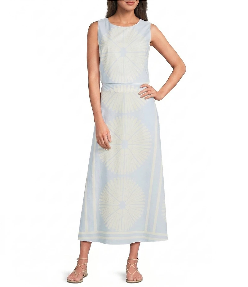 Gibson & Latimer Woven Geometric Fan Print Mid Rise A-Line Flounce Midi Coordinating Skirt