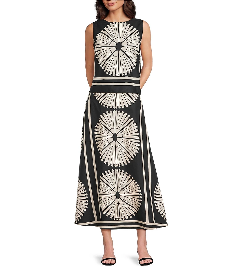 Gibson & Latimer Woven Geometric Fan Print Mid Rise A-Line Flounce Midi Coordinating Skirt