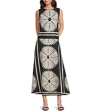 Gibson & Latimer Woven Geometric Fan Print Mid Rise A-Line Flounce Midi Coordinating Skirt