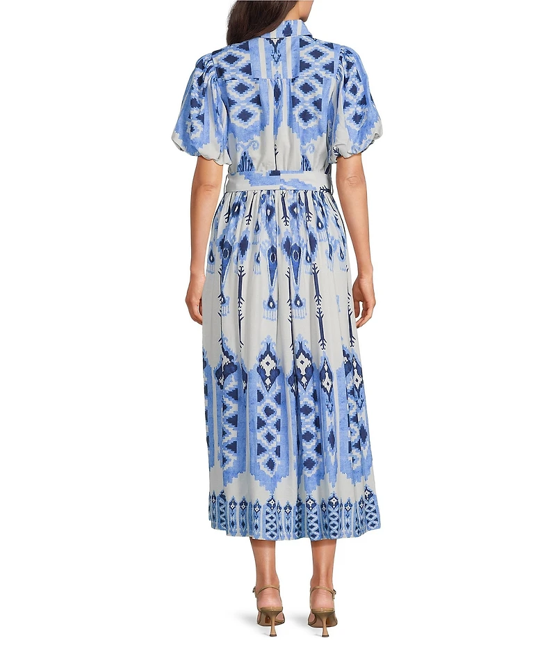 Gibson & Latimer Woven Linen Mixed Print Collar Short Bubble Sleeve Button Front Tie Waist Shirt Maxi Dress