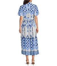Gibson & Latimer Woven Linen Mixed Print Collar Short Bubble Sleeve Button Front Tie Waist Shirt Maxi Dress