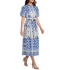 Gibson & Latimer Woven Linen Mixed Print Collar Short Bubble Sleeve Button Front Tie Waist Shirt Maxi Dress