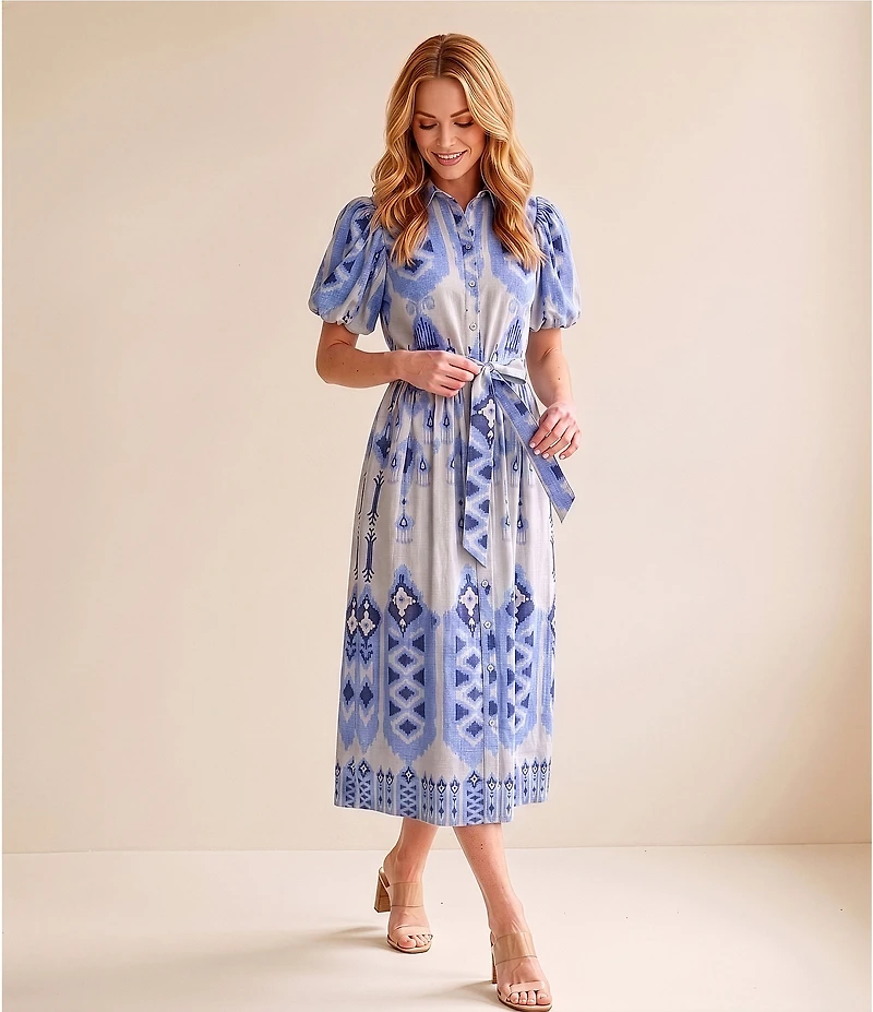 Gibson & Latimer Woven Linen Mixed Print Collar Short Bubble Sleeve Button Front Tie Waist Shirt Midi Dress