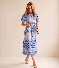 Gibson & Latimer Woven Linen Mixed Print Collar Short Bubble Sleeve Button Front Tie Waist Shirt Midi Dress