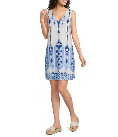 Gibson & Latimer Woven Linen Mixed Print V-Neck Sleeveless Mini Dress