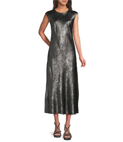 Gibson & Latimer Woven Metallic Crew Neck Cap Sleeve Sheath Maxi A-Line Dress