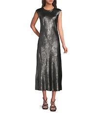 Gibson & Latimer Woven Metallic Crew Neck Cap Sleeve Sheath Maxi A-Line Dress